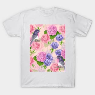 Robin and flowers, watercolor pattern T-Shirt